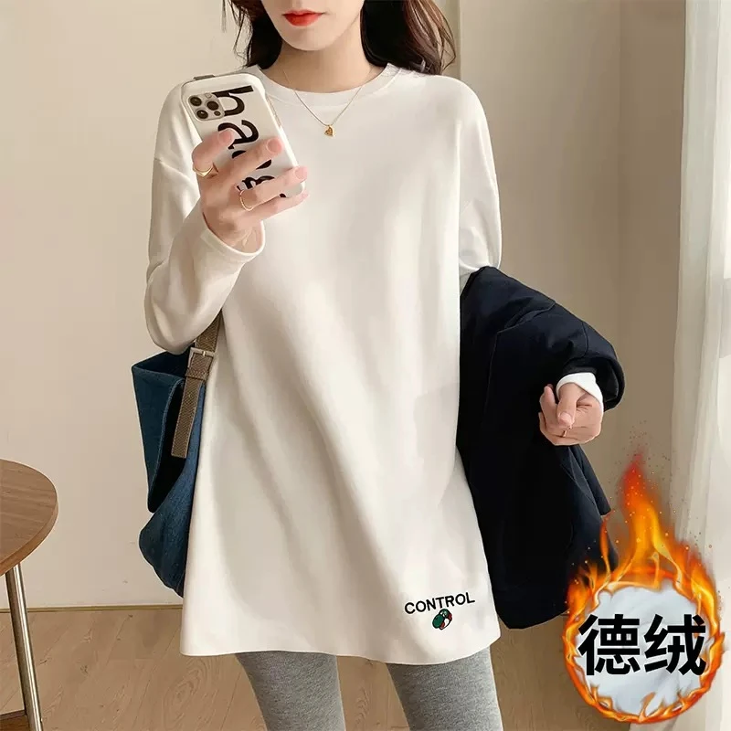 秋冬圆领打底衫女德绒卫衣内搭叠穿宽松半高领长袖洋气t恤女上衣