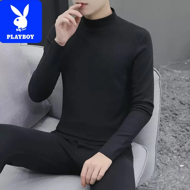 花花公子德绒半高领保暖内衣套装男士打底内搭双面绒无痕秋衣秋