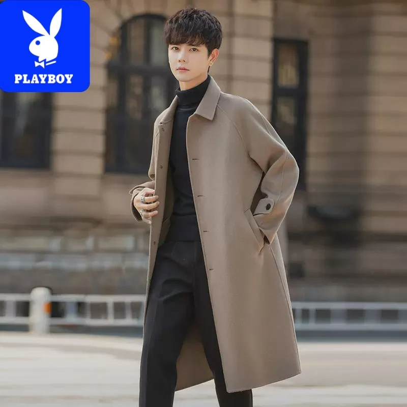 花花公子中长款大衣男士双面羊绒高级感赫本风衣冬季加厚纯色羊毛