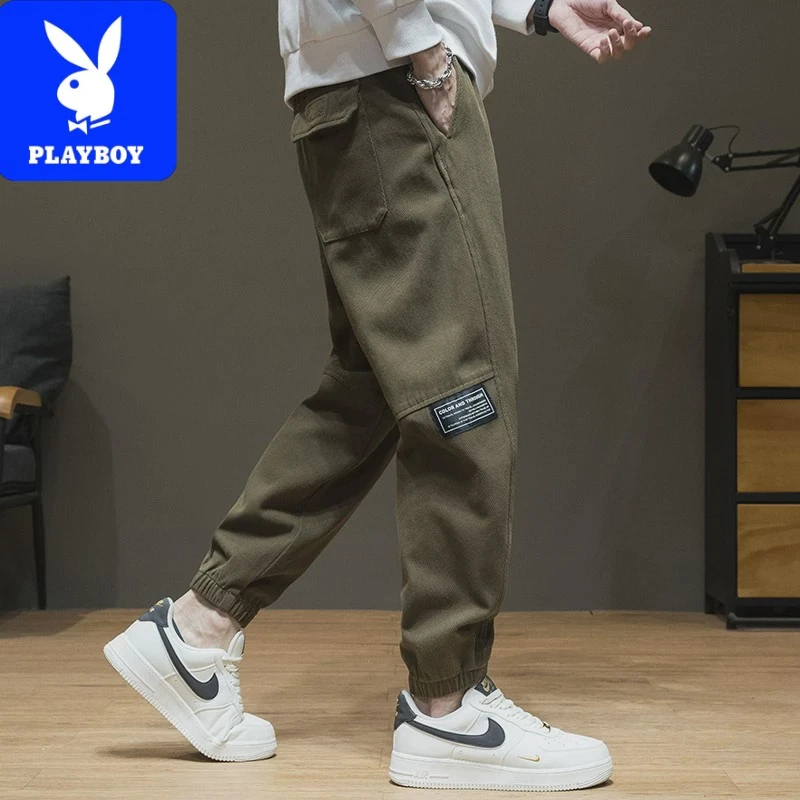 花花公子2025秋季新款加大休闲裤男棕色纯棉九分裤宽松大码胖