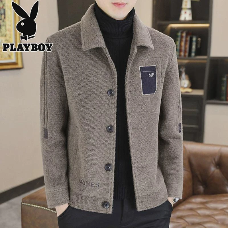花花公子外套男春秋季新款男士男款短款毛呢夹克秋冬褂子加绒风衣