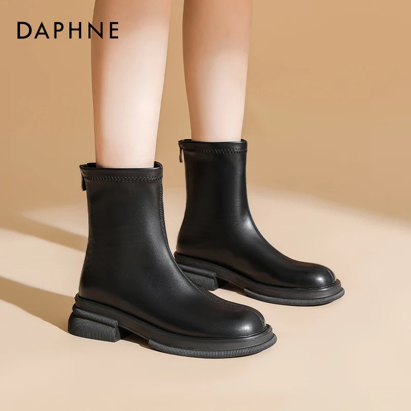 达芙妮马丁靴女2023新款鞋子女春秋百搭黑色法式短靴切尔西靴子女