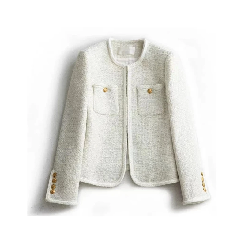 【白色恋人】2025春季设计师白色百搭时尚轻奢名媛风圆领小香风外套