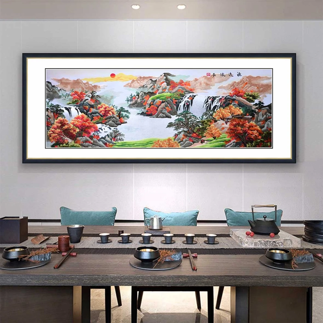德丰绣品装饰画客厅沙发背景墙挂画苏绣刺绣山水鸿运当头横款框画