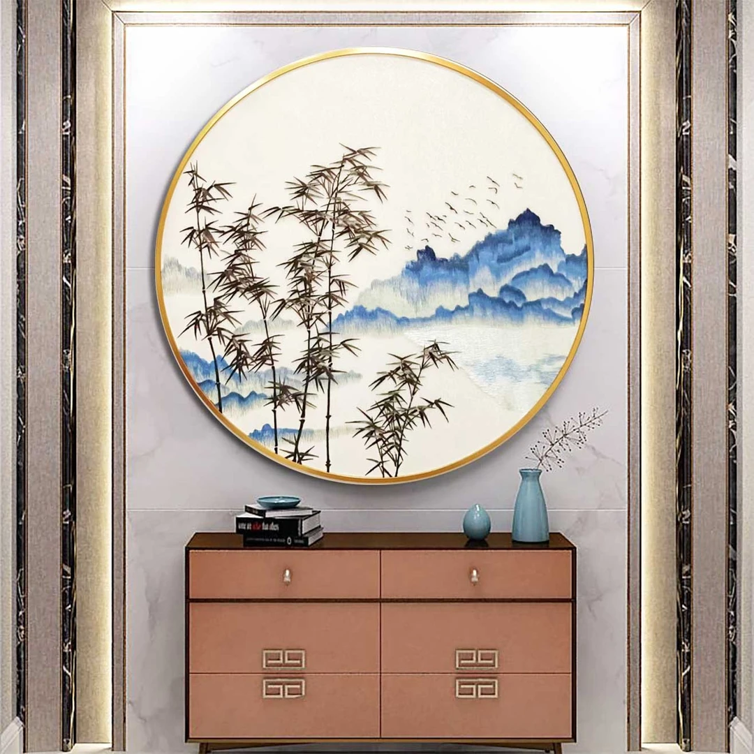 苏绣刺绣餐厅/卧室/书房/客厅装饰画圆框系列铝合金外框花鸟