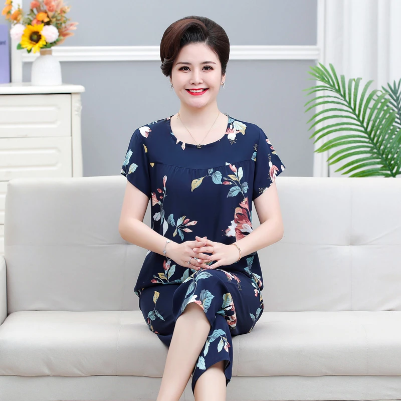 棉绸睡衣套装女夏季透气薄款短袖中老年妈妈宽松可外穿休闲家居服