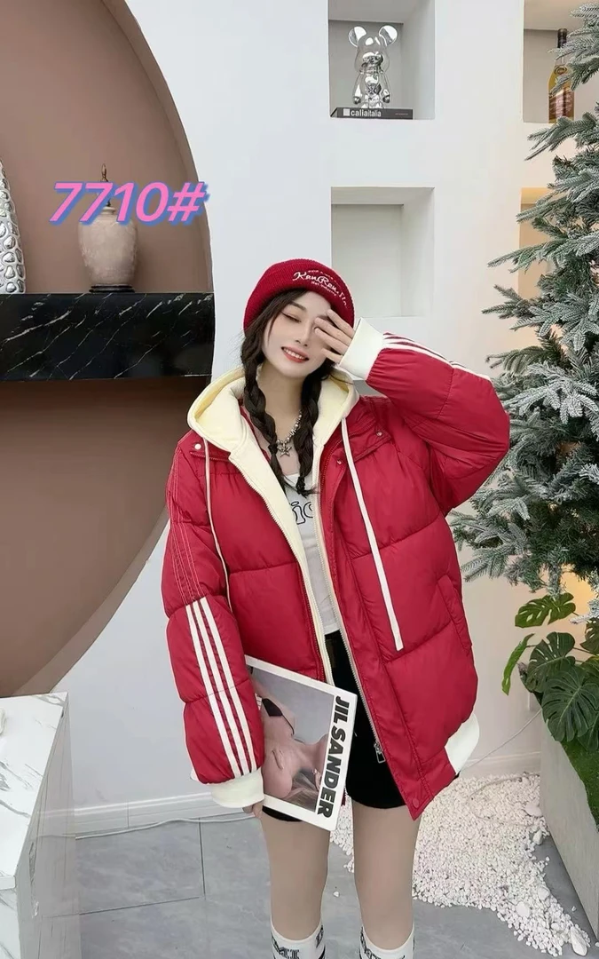 连帽红色拉链潮流撞色拼色亮片棉服棉衣短款带帽休闲情侣 7710