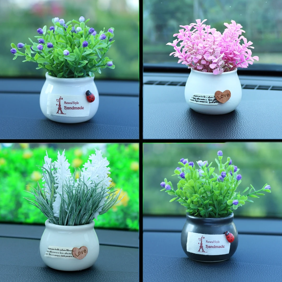 车载摆件汽车饰品仿真花陶瓷盆栽车内花盆植物内饰用品香水香薰饰