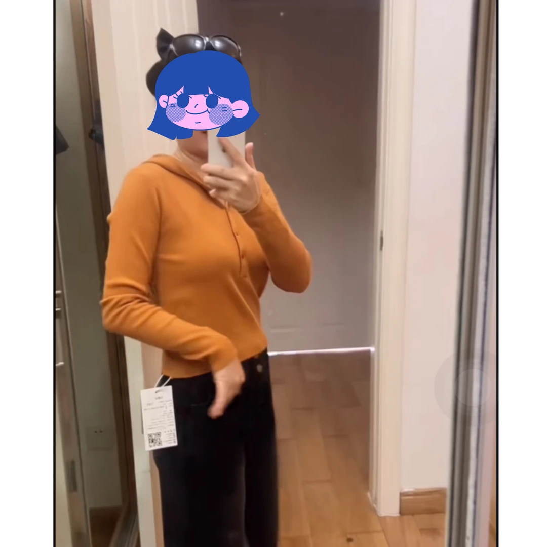 橘色连帽针织衫女美式辣妹秋季设计感修身收腰长袖毛衣内搭短上衣