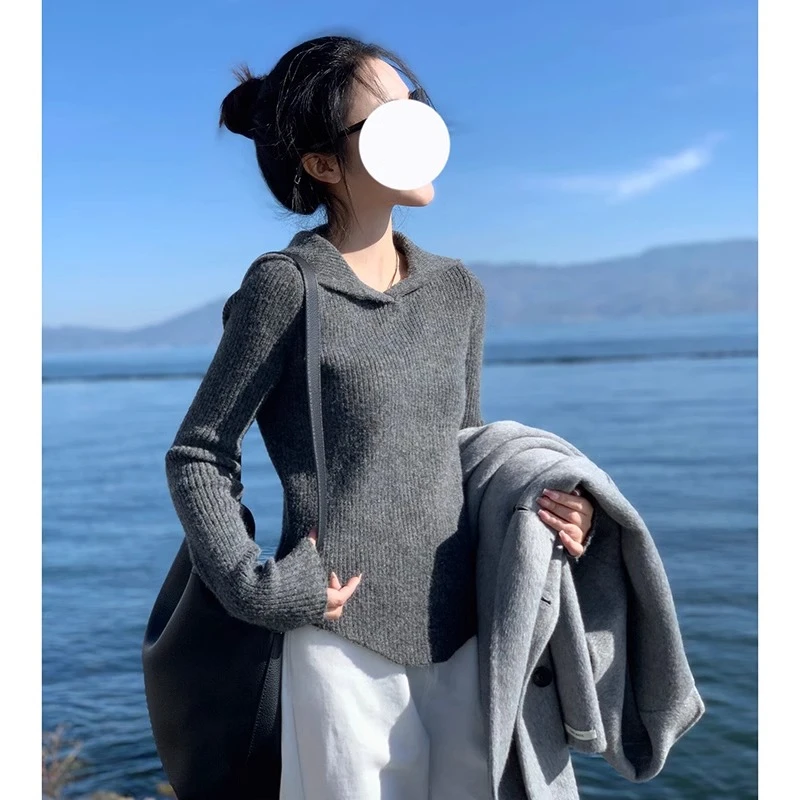 不规则灰色连帽毛衣女秋冬新款修身内搭打底长袖针织帽衫