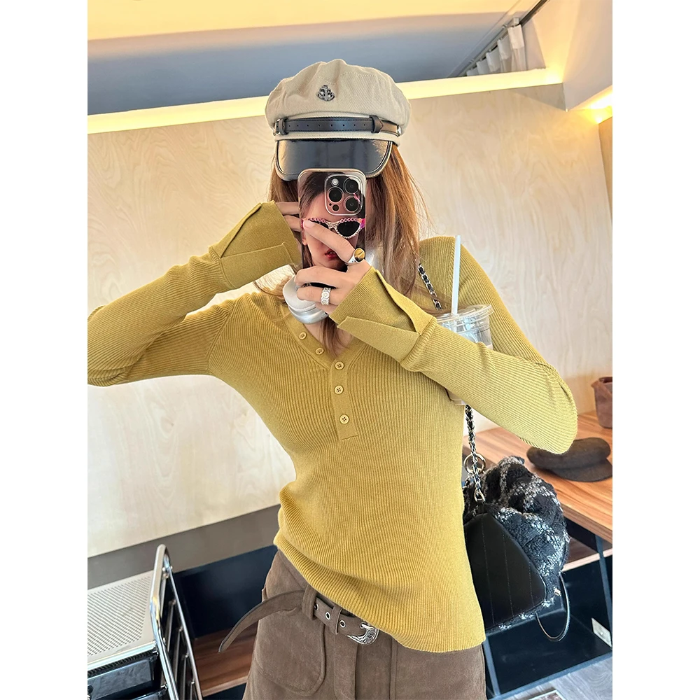 姜黄色辣妹风V领修身针织衫半开领修身气质打底衫长袖百搭上衣