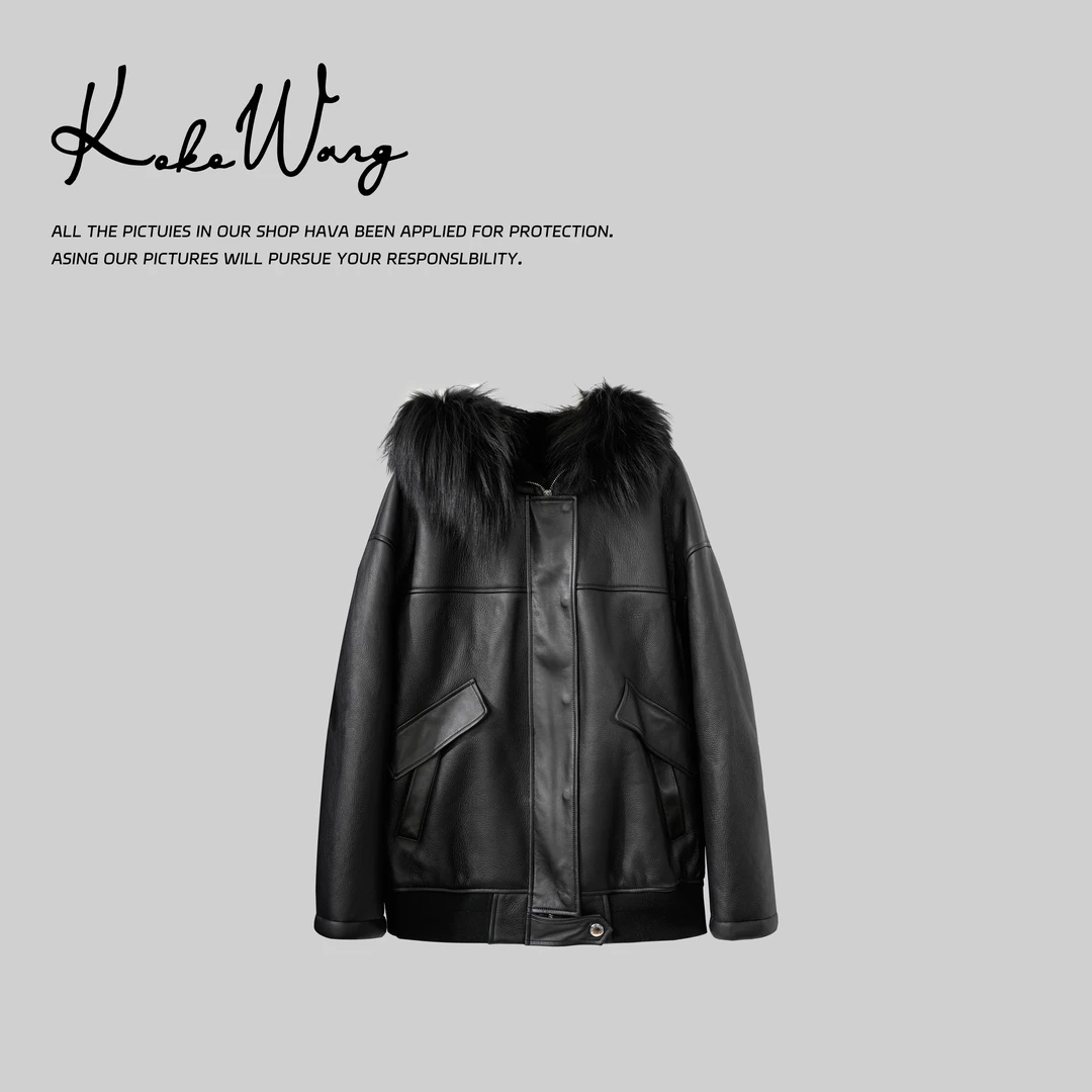 KOKOWANG芬兰进口银狐毛领时尚拉链皮毛一体外套 304584I03W45