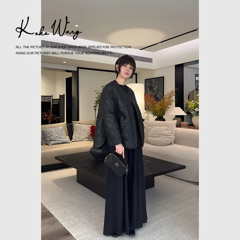 KOKOWANG高级感经典菱格不规则真皮3M棉服百搭外套230684H05W46