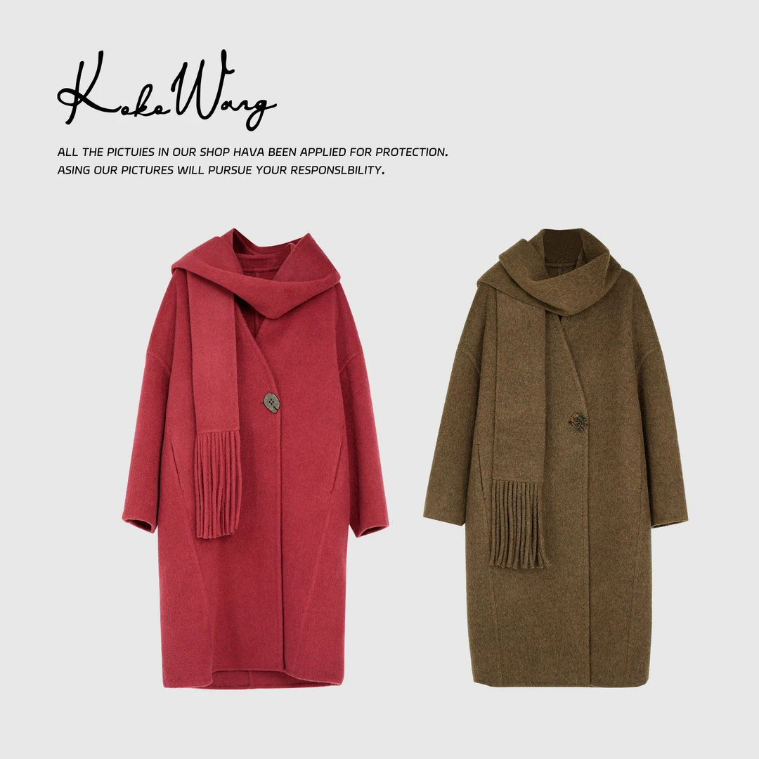 KOKO WANG流苏围巾V领一粒扣毛呢风衣外套304874I03W41