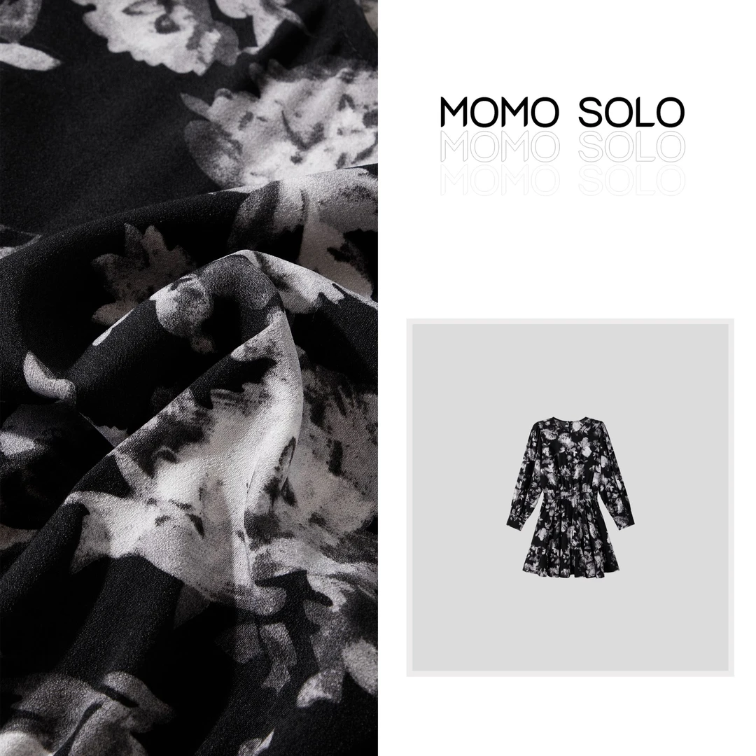 MOMO SOLO「黑天鹅」茶歇法式长袖碎花连衣裙女收腰A字裙子B7181