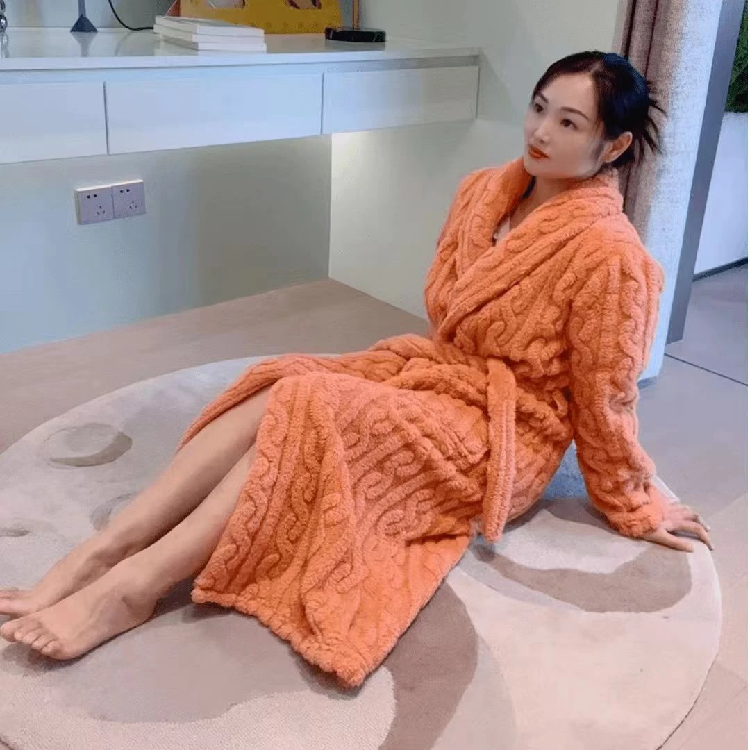 秋冬季加绒加厚网红时尚长款保暖浴袍气质粉色