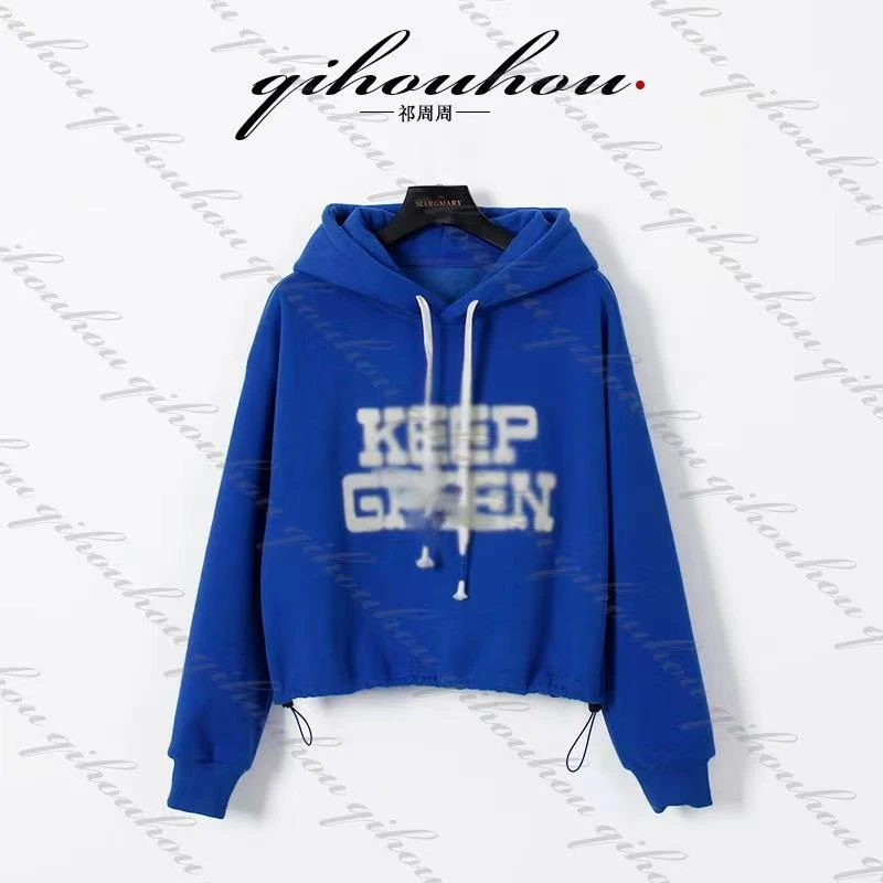 【安娜来了】2024新款蓝色美式慵懒风连帽抽绳卫衣女复古感百搭