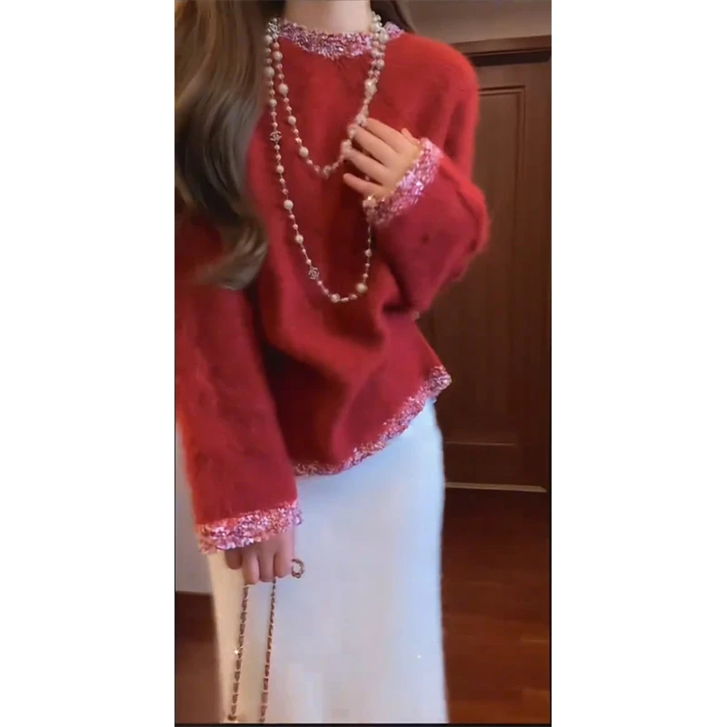 法式绝美气质小香风套头毛衣2024秋冬款新年红软糯针织上衣女