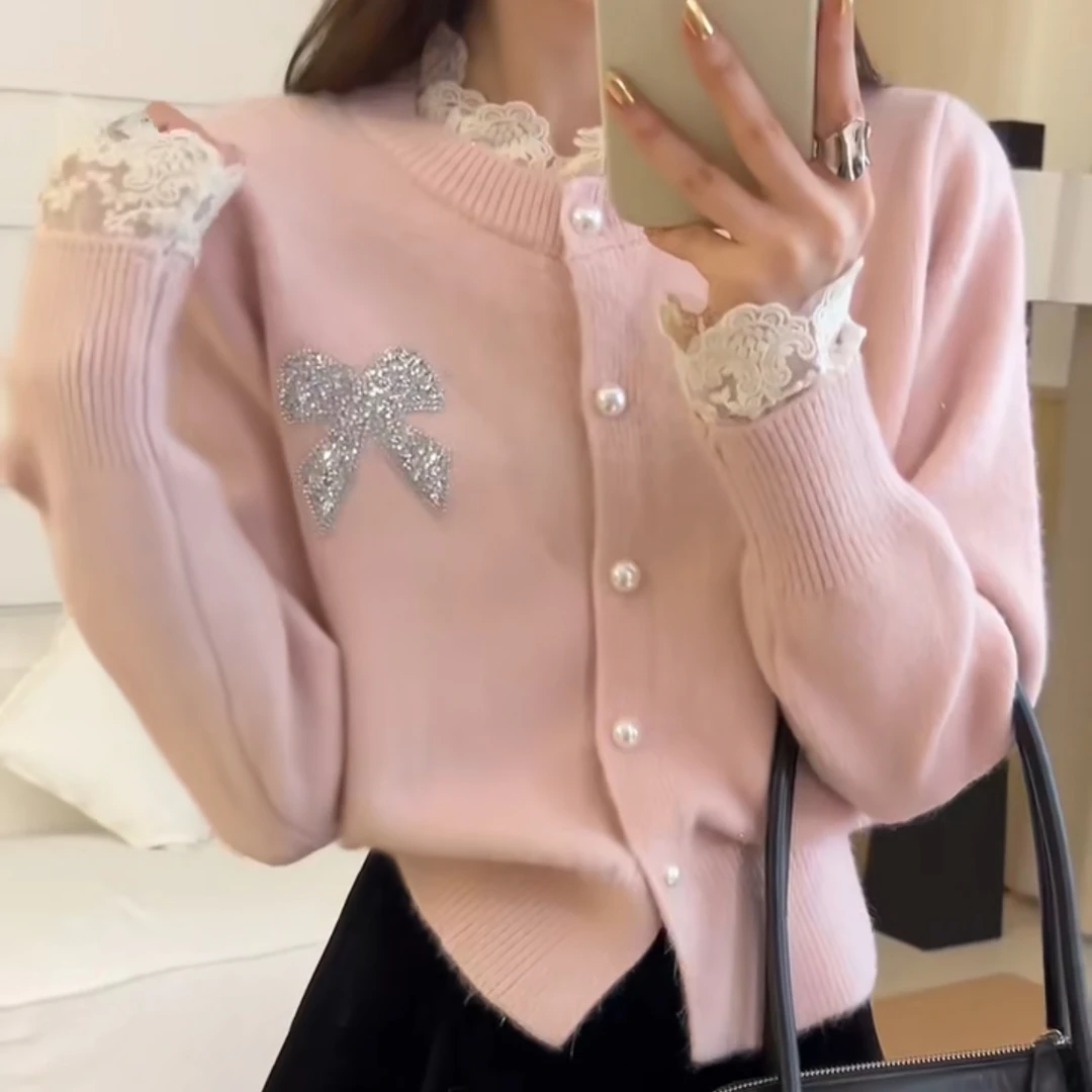 法式甜美风蕾丝花边烫钻蝴蝶结针织开衫女秋冬季温柔软糯洋气毛衣