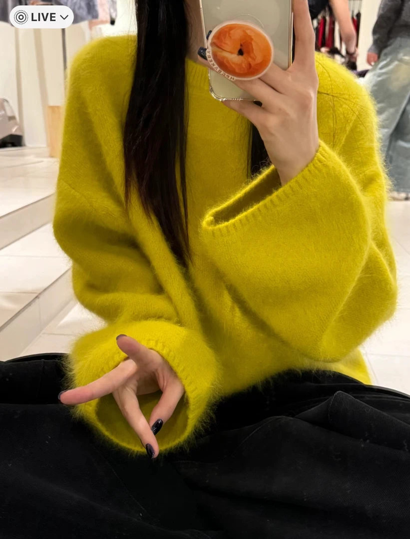 网红氛围感毛绒绒上衣慵懒风宽松套头毛衣纯色大码显瘦针织衫秋冬