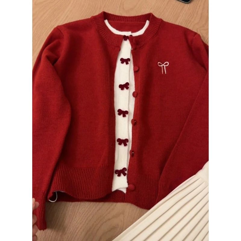 圣诞节穿搭红色假两件蝴蝶结毛衣女秋冬季宽松慵懒风短款针织外套