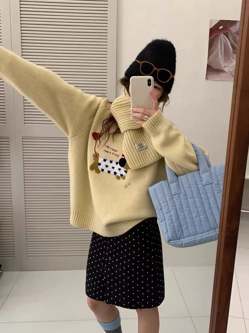 奶fufu软糯套头毛衣女秋冬2025新款卡通刺绣慵懒针织衫小个子上衣