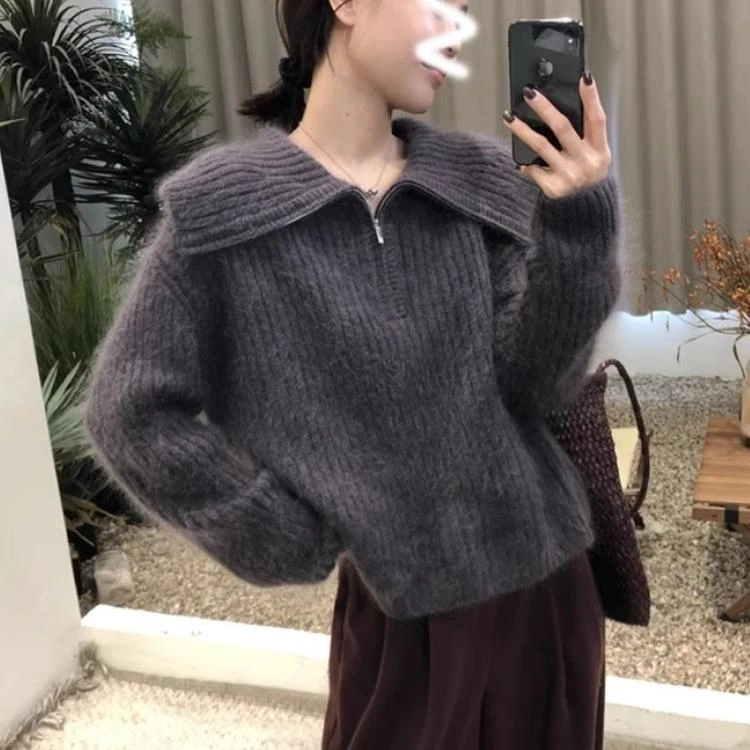 设计感拉链大翻领毛衣女2024秋冬新款时尚气质软糯百搭显瘦针织衫
