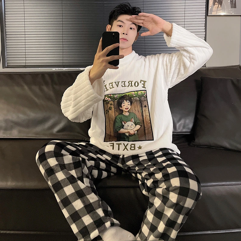 卡通童话法兰绒家居服情侣男女珊瑚绒睡衣两件套装女装套头可外穿