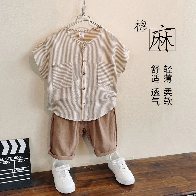 儿童棉麻帅气小童2024新款洋气服装两件套男宝宝小童轻薄透气薄款