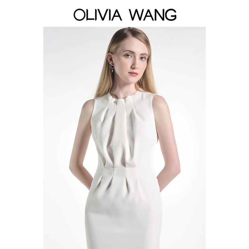 OliviaWang设计师款甜美无袖法式高级感捏褶郁金香轻礼服连衣裙女