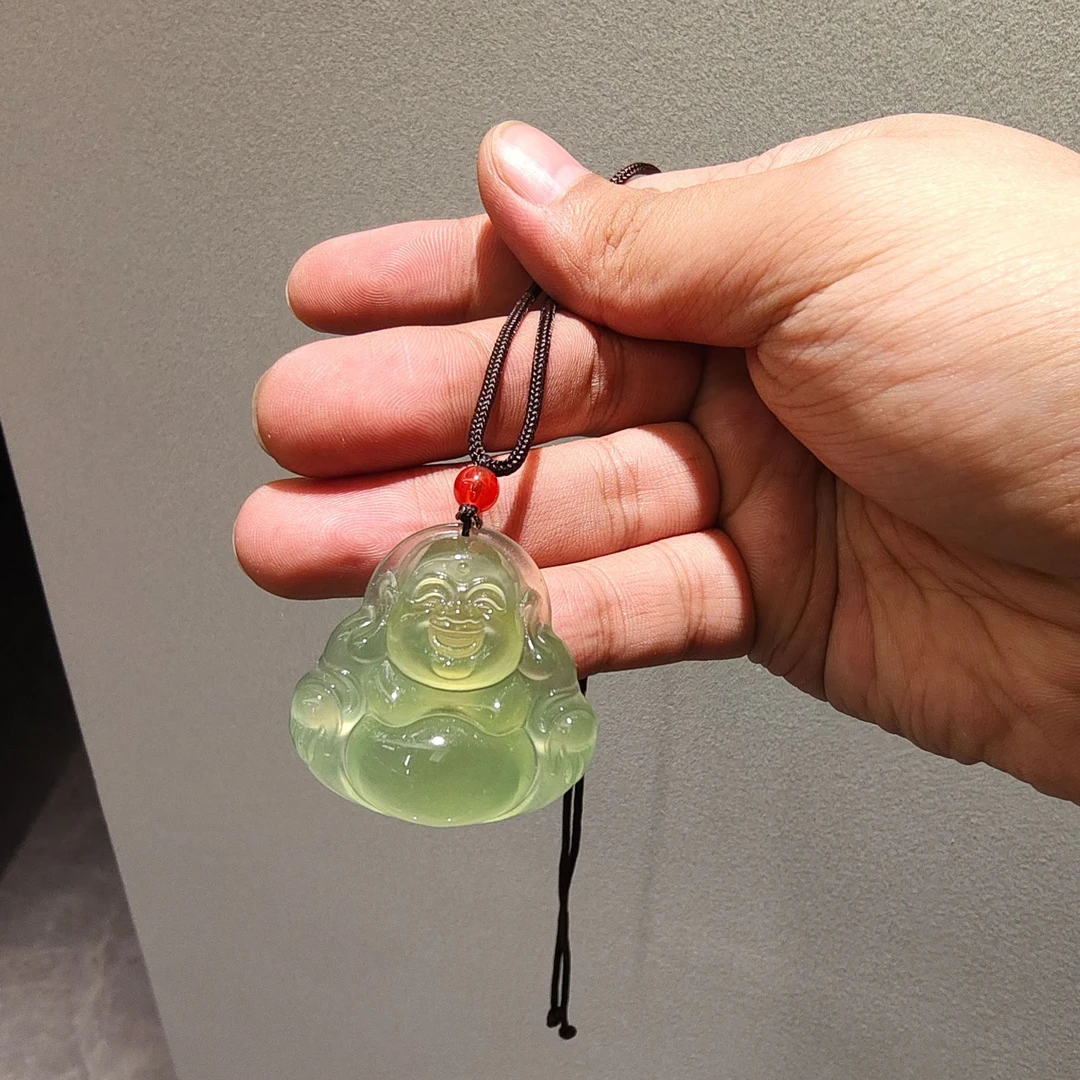 高冰高透绿冰弥勒佛吊坠时尚洋气简约纯天然岫玉绿冰挂坠精美