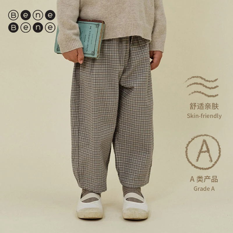 BeneBene24秋冬新款男童舒适小童百搭温暖经典棉质杜克格子裤子