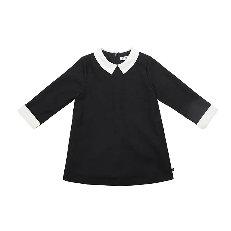 BeneBene秋冬女童生日裙长袖针织黑色中长款优雅翻领羊呢连衣裙