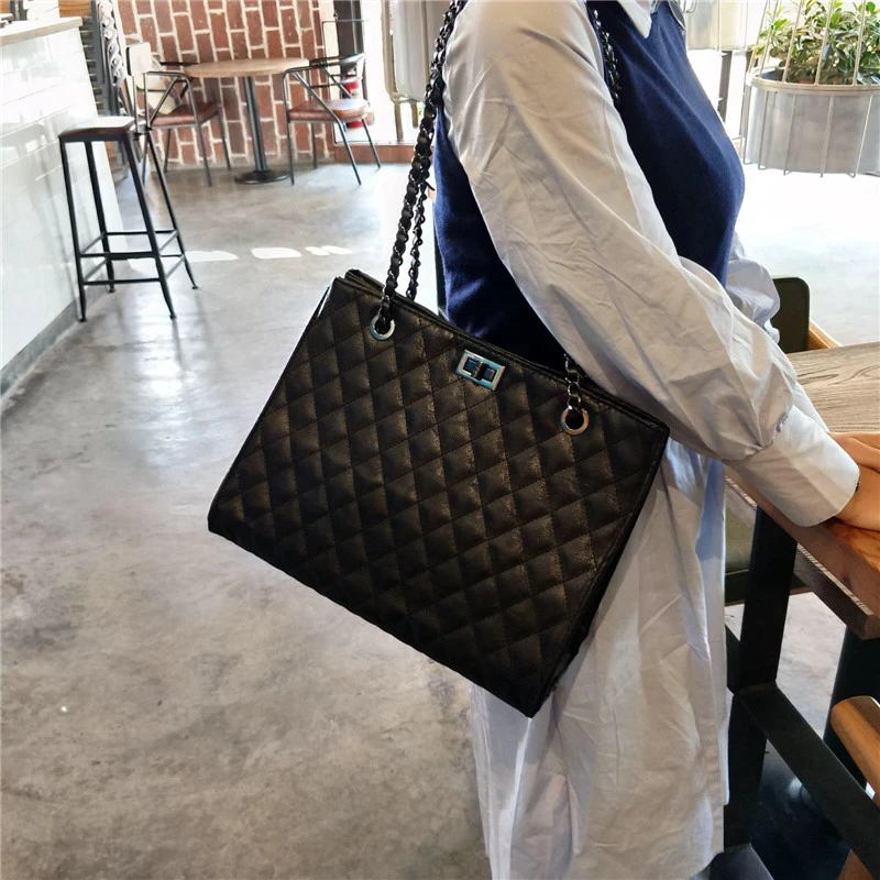 韩版菱格链条包女式单肩包黑色简约欧美时尚百搭大容量手提托特包
