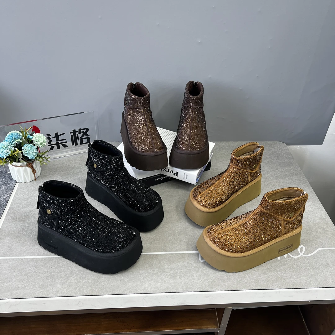 时尚休闲百搭满钻勃肯厚底短靴高帮圆头加绒秋冬冬季保暖短筒英伦