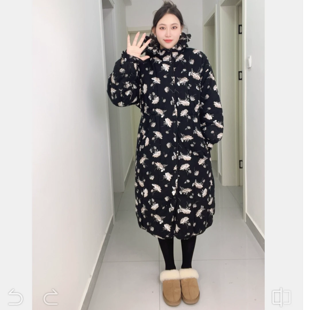 【黑色小花连帽棉衣】新疆棉黑色小花连帽收腰加长款
