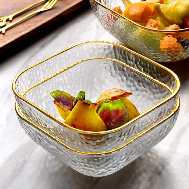 日式金边耐热透明玻璃碗网红ins风沙拉碗家用水果碗创意水果盘子