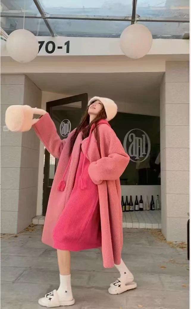 欢欢2392家冬季外套女长款毛毛宽松圆领加厚显瘦韩版时尚外套