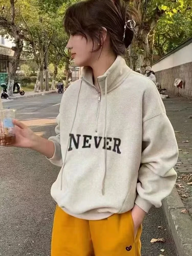 欢欢家冬2201季立领半拉链加绒加厚字母印花宽松休闲卫衣女