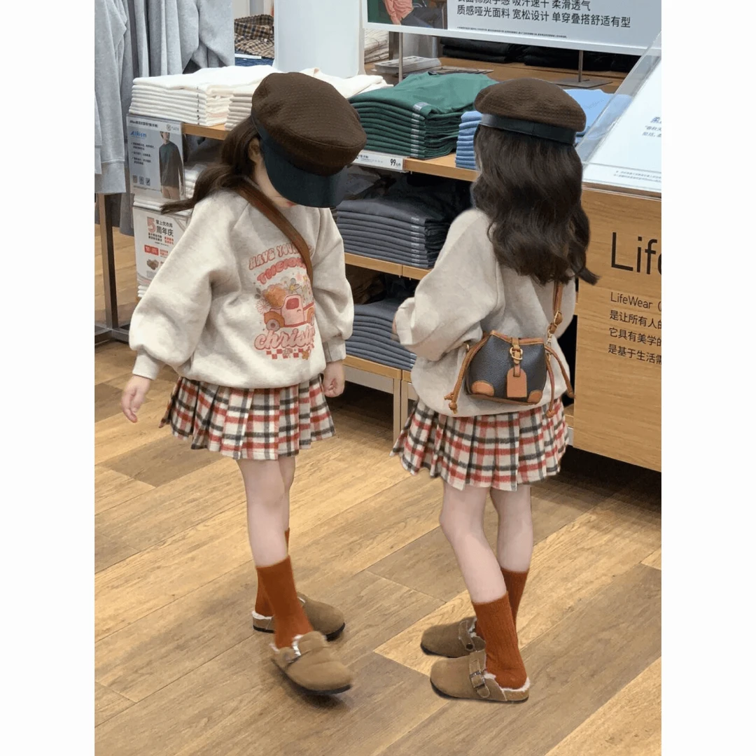 【冬季大促】韩国儿童套装春秋印花加绒卫衣女童洋气时髦格子百褶裙