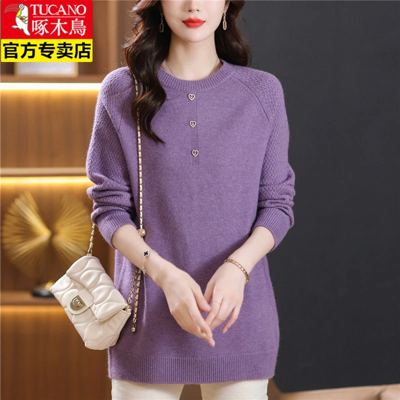 啄木鸟羊毛衫女中长款加肥加大妈妈打底衫秋冬新款遮肉针织毛衣裙