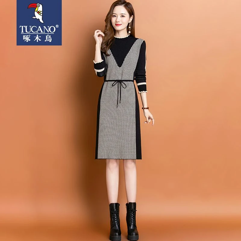 啄木鸟正品正品针织连衣裙木耳领拼色千鸟格高档假两件毛衣长款女