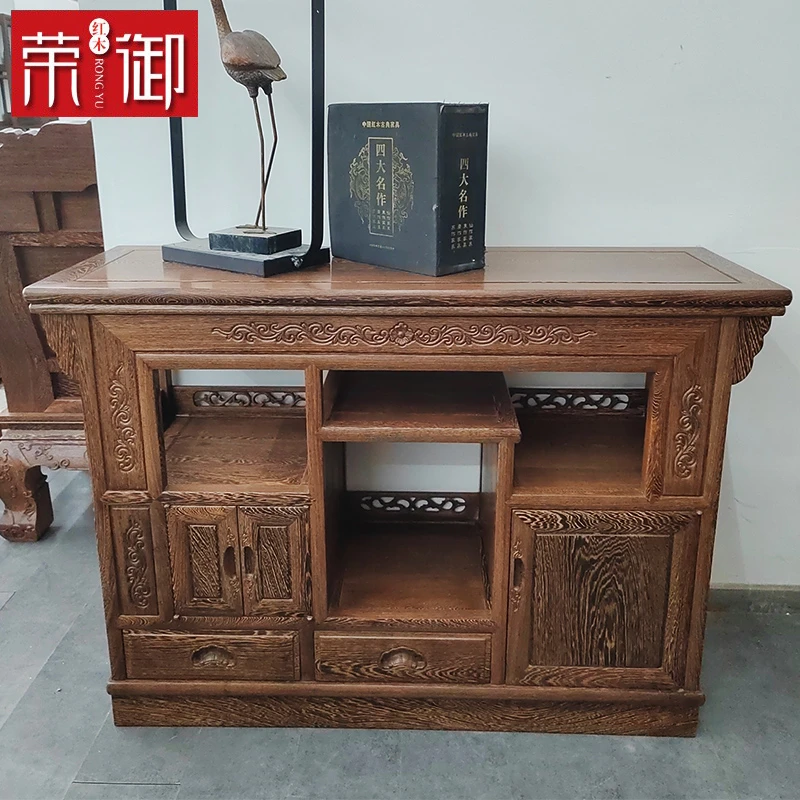 红木鸡翅木130cm茶水柜雕刻茶叶收纳架中式走廊柜仿古餐边柜