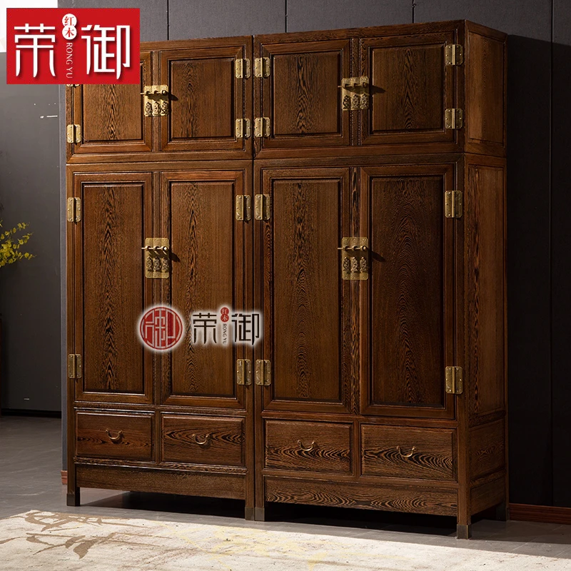 红木鸡翅木三/四门素面顶箱柜中式仿古雕刻大衣柜