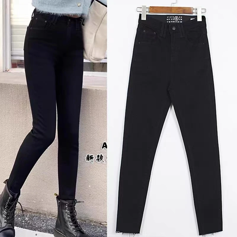 883（有弹力）女士黑色薄绒小脚铅笔裤 牛仔裤