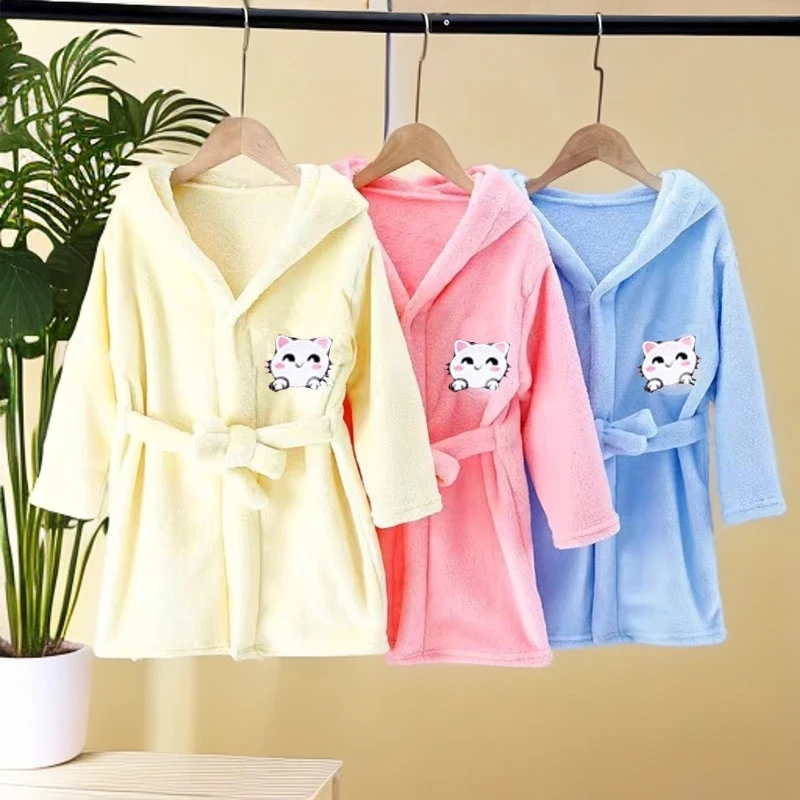 儿童连帽浴袍女童加厚卡通睡袍男童法兰绒家居服秋冬保暖浴衣带帽