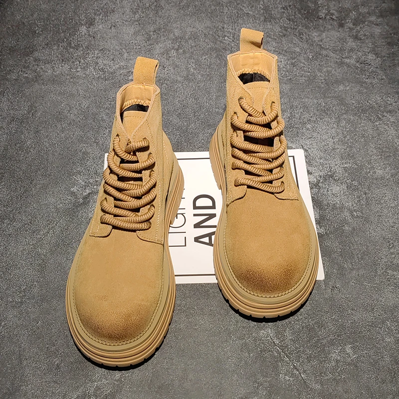 黄色马丁靴厚底工装靴复古英伦翻毛皮情侣登山大码男式沙漠靴
