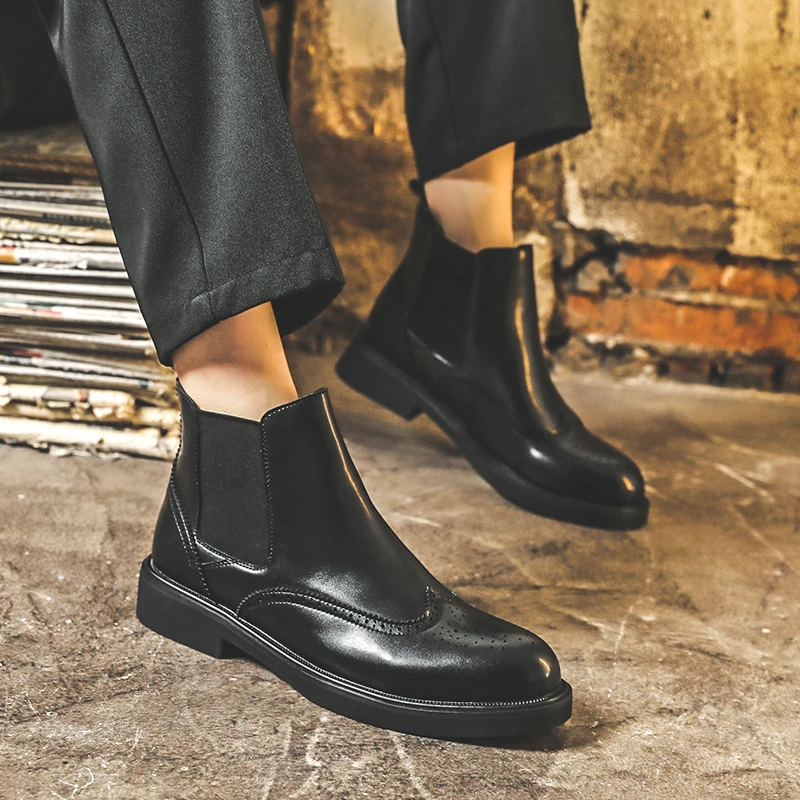 布洛克切尔西靴男短靴马丁靴商务高帮皮鞋高街靴子英伦风中邦男鞋