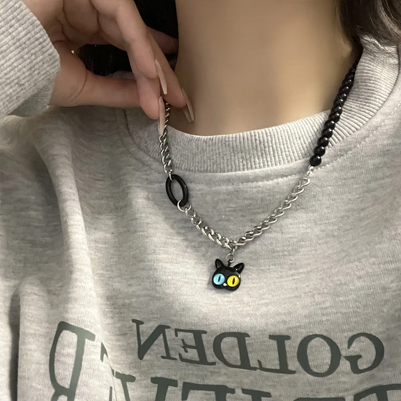 钛钢项链 黑色搞怪小猫咪项链女小众设计感百搭锁骨链-6134