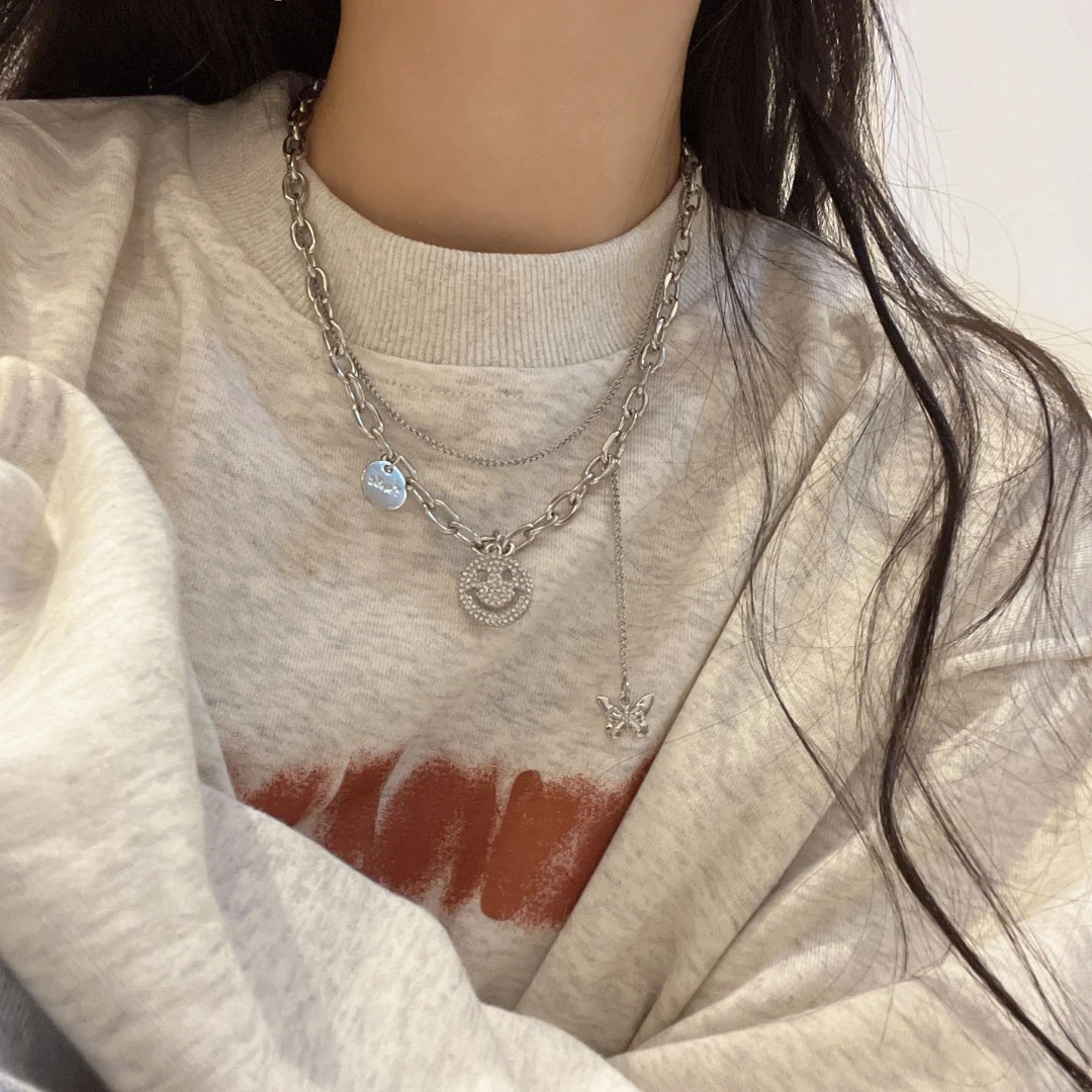 钛钢项链 冷淡风蝴蝶笑脸项链女ins潮嘻哈小众毛衣链卫衣链X-285